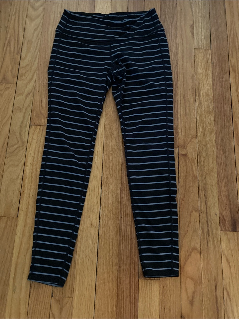 Athleta Black Leggings with Light Blue Stripes